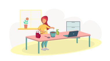 Evdeki kız saksıya tohum ekiyor. Bir kadın dizüstü bilgisayara bitki yerleştirme hakkında bir video dersi izliyor. İzolasyon. Hobi olarak. Vektör