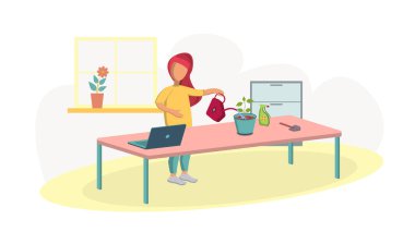 Kız saksıda bir çiçeği sular. Tecrit sırasında kapalı alandaki bitkilerin bakımı için uzaktan eğitim. Dizüstü bilgisayarda biyoloji ve botanik dersi. Vektör