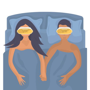 Kadın ve erkek sanal gerçeklik gözlüğü takarak yatağa uzanıyorlar. Çift modern teknolojiyi kullanarak sevişiyor. Sanal hayata dalmak. Vr. Çizgi film tarzı. Beyaz arka planda izole edilmiş. Vektör