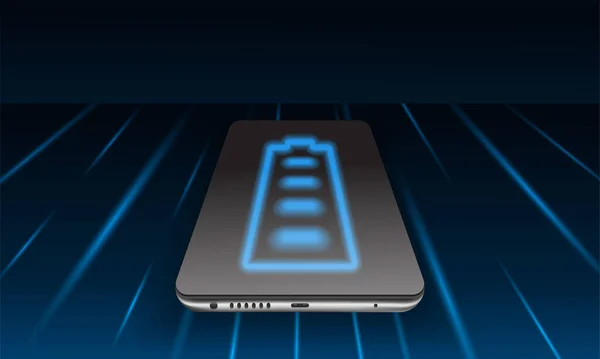 Cep telefonunda bataryayı hızlı şarj etme kavramı. Parlak çizgileri olan karanlık bir arka planda gerçekçi bir akıllı telefon. Vektör 3d