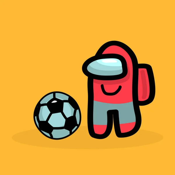 Personaje del juego de color rojo entre nosotros con una pelota de fútbol y en pantalones cortos de fútbol con una mochila en los hombros sobre un fondo amarillo. Vector. Icono — Vector de stock