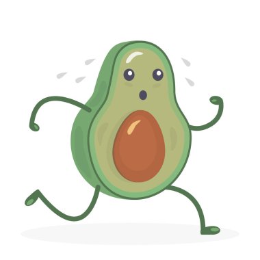 Kawaii yeşil avokadosu spor koşusu yapmaktadır. Koşun! Yiyecekler. Beyaz arka planda meyveler. Vektör çizimi. Güzel izole edilmiş. Simge