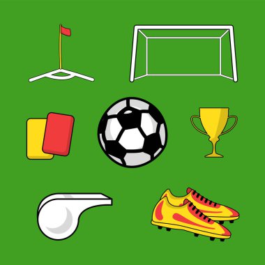 Turnuva ve şampiyonluk için yeşil arka planda çizgi film stili futbol ikonları. Top, futbol ayakkabıları, köşe, kapı, kupa, ıslık, kırmızı ve sarı kart. İtiraz ediyorum. Vektör