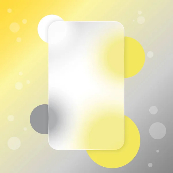 Modelo de efeito de vidro transparente fosco. Retângulo arredondado vertical. Abstrato fundo amarelo e cinza. Os círculos são brancos e cinzentos. Estilo de glassmorfismo. Vetor —  Vetores de Stock