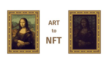 Bir sanat eserini eşsiz bir simgeye dönüştürme kavramı. Sanattan NFT 'ye, ödenmeyen jetonlar. Mona Lisa tablosu dijital bir dosyaya dönüştürülüyor. Yenilik teknolojisi. Vektör