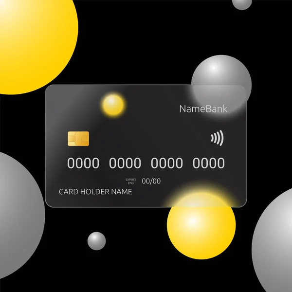 Cam morfizm şeklinde şeffaf plastik kart şablonu. Cam ödeme kartı. Siyah arka planda sarı ve gri hacimli toplar. Modelleme. Boşluk. Gerçekçi 3d vektörü