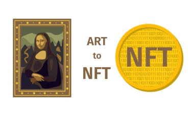 Bir sanat eserini eşsiz bir simgeye dönüştürme kavramı. Sanattan NFT 'ye, ödenmeyen jetonlar. Mona Lisa tablosu dijital bir dosyaya dönüştürülüyor. Teknoloji. Bozuk para. Vektör