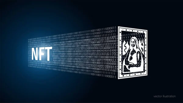 Bir sanat eserini eşsiz bir simgeye dönüştürme kavramı. Sanattan NFT 'ye, ödenmeyen jetonlar. Resim dijital bir dosyaya dönüştürülür. Yenilik teknolojisi. Vektör