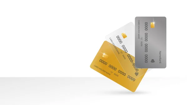Beyaz arka planda bir dizi ödeme kartının şablonu. Cam ve şeffaf ödeme kartı. Modelleme. Gerçekçi 3B Vektör