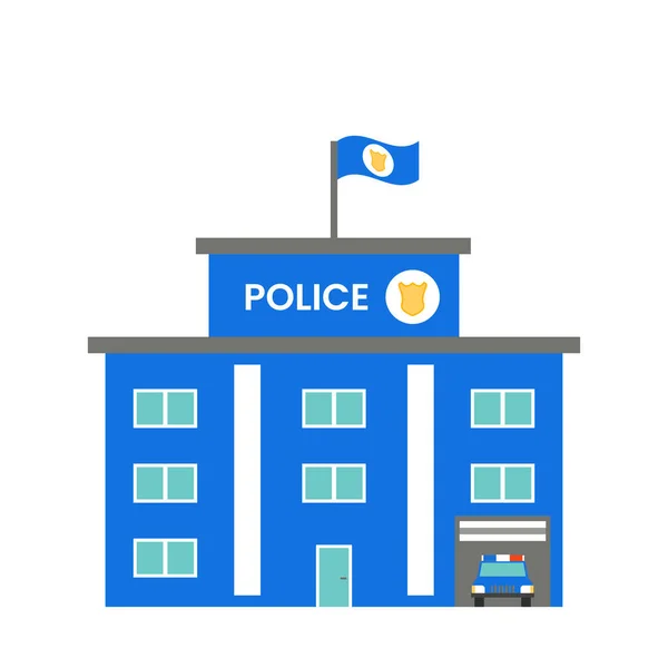 Police car drives out of the police station. Department building with a blue flag on the roof. Vector. Flat style. Isolated on white background — Stock Vector