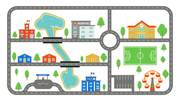 Mapa se silnicemi ve městě. Dětská cesta pro autíčka s budovami na bílém pozadí. Městská architektura. Vodorovně. Vektorový plochý styl — Stockový vektor