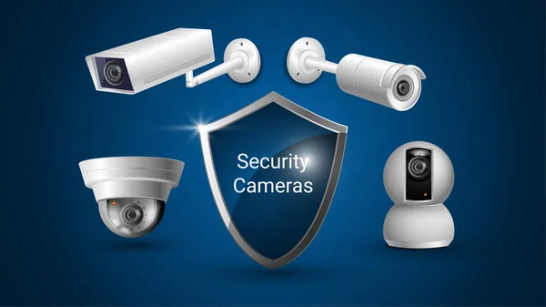 Conjunto realista de câmeras de vigilância de vídeo 3d para sistemas de segurança. Cctv. Escudo de metal protector. Fundo azul preto. Vetor — Vetor de Stock