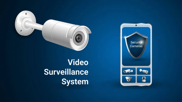 Téléphone portable avec une application pour les systèmes de vidéosurveillance. Caméra CCTV réaliste. Bouclier protecteur sur l'écran du smartphone. Concept de préservation de la sécurité. Vecteur 3d — Image vectorielle