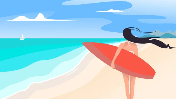 Girl with a surfboard on a summer beach looks at the sea or ocean. Summer landscape. Flat style. Vector