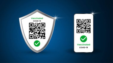 Virüslere karşı koruyucu kalkan ve Covid 19 aşı sertifikalı gerçekçi cep telefonu. PCR testi. Coronavirus 'suz turist elektronik pasaport şablonu. Modelleme. İzole edilmiş 3d vektörü