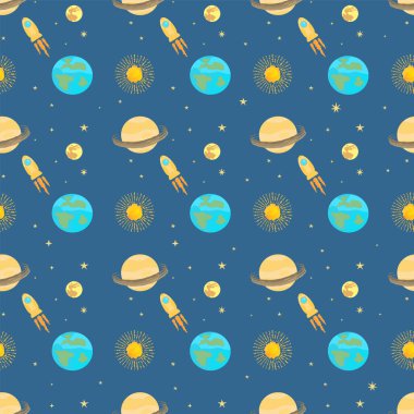 Gezegenler, güneş, ay, dünya gibi karanlık bir arka planda kozmik, pürüzsüz desen. Roket yıldızların arasında uçar. Satürn. Vektör düz biçimi
