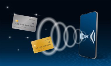 Akıllı bir telefon şirketinden kontağısız ödeme konsepti. İnternet bankacılığı. Gerçekçi 3 boyutlu vektör. Telefon, banka kartlarının yerini alır. Mobil uygulama. Koyu arkaplan