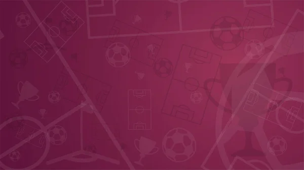 Futbol unsurları ile koyu kırmızı arka plan. Futbol topu, kupa, gol, arka planda köşe bayrağı. Şampiyonluk afişi. Şablon 2022. Vektör