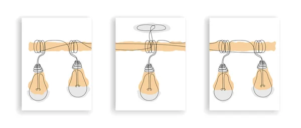 Ensemble abstrait d'affiches avec des ampoules sur un lustre. Style créatif moderne minimal. Peintures avec lampes pour l'intérieur. Dessin en continu. Vecteur — Image vectorielle