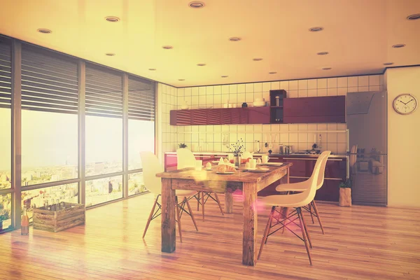 3D-Putz - moderne Kücheneinrichtung mit Essbereich - Dachboden — Stockfoto