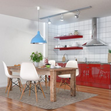 3D render - yemek odası ile modern mutfak iç