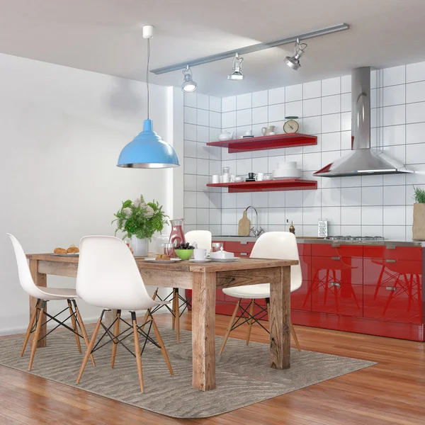 3D καθιστούν - εσωτερικό σύγχρονη κουζίνα με τραπεζαρία — Φωτογραφία Αρχείου