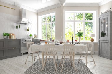 3D render İskandinav düz - mutfak - yemek odası
