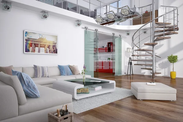 3d - modern loft with gallery — Stock Photo, Image