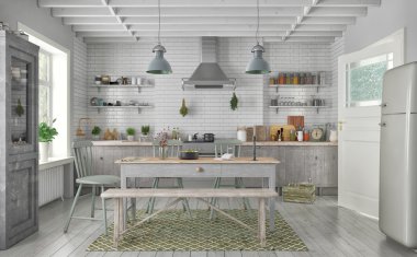 3D render İskandinav düz - mutfak - yemek odası