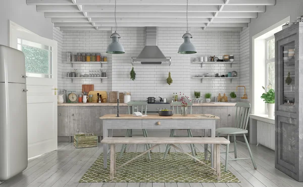 3D render İskandinav düz - mutfak - yemek odası