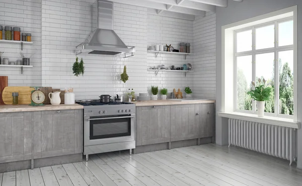 3D render - Scandinavische flat - keuken — Stockfoto