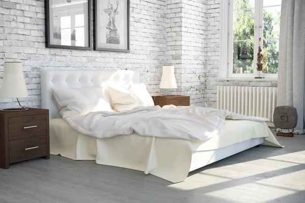 3d rendering di una camera da letto moderna in un vecchio edificio - interior conc — Foto Stock