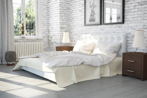 3d rendering di una camera da letto moderna in un vecchio edificio - interior conc — Foto Stock