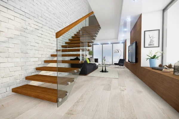 Renderização 3d - loft moderno - sala de estar — Fotografia de Stock