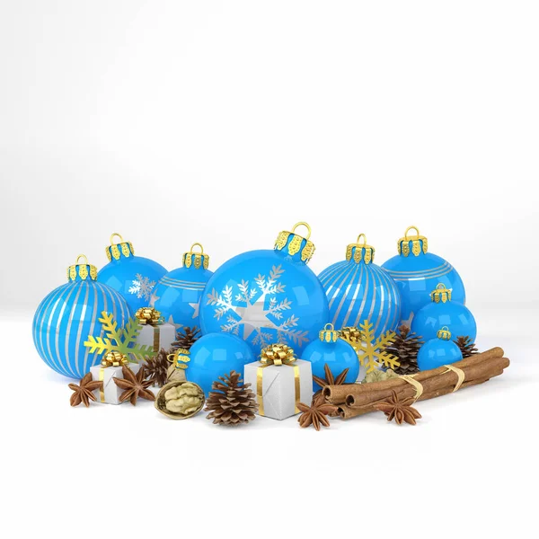 Rendu Nombreuses Boules Noël Bleues Décoration Noël Sur Fond Blanc — Photo