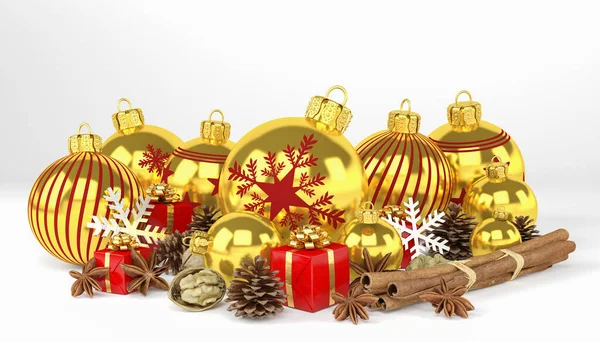 Återgivning Många Gyllene Julgranskulor Och Jul Dekoration Över Vit Bakgrund — Stockfoto