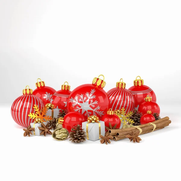 白い背景に多くの赤いクリスマスの泡とクリスマスの装飾の3Dレンダリング 陽気なクリスマスの概念 — ストック写真