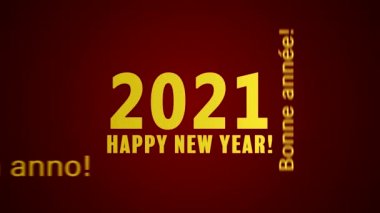 Bir kelime bulutunun kırmızı arkaplanda ve farklı dillerde mutlu bir yeni yıl mesajı içeren video animasyonu 2021 yılını temsil ediyor.