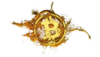 Bitcoin logosunun altın ve altın rengi renginde 3 boyutlu çizimi beyaz arkaplan üzerine sıçramış.