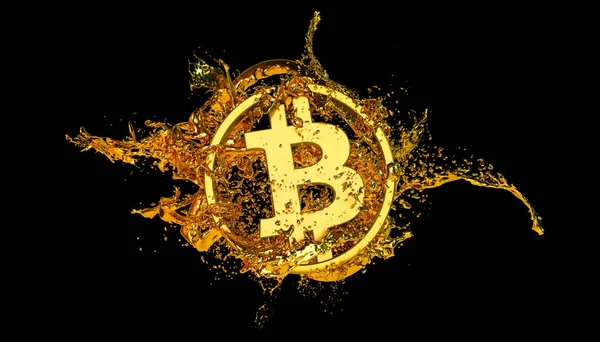 Rendering Des Bitcoin Logos Gold Und Goldener Farbe Spritzt Über — Stockfoto