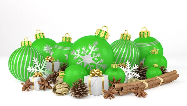 Darstellung Vieler Grüner Christbaumkugeln Und Weihnachtsdekoration Auf Weißem Hintergrund Frohe — Stockfoto