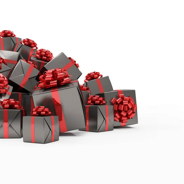 Render Black Christmas Gift Boxes Red Ribbons White Background — Stock Photo, Image