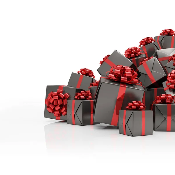 Render Black Christmas Gift Boxes Red Ribbons White Background — Stock Photo, Image