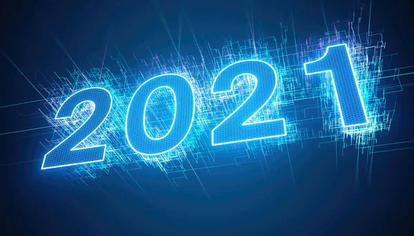 2021 이라는 숫자가 파란색으로 추상적 네온사인 개념을 나타낸다 — 스톡 사진
