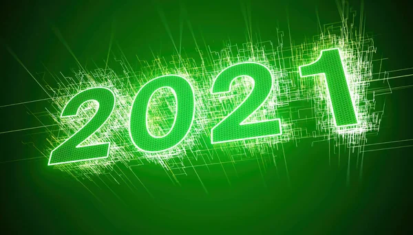 Illustrazione Luce Neon Astratta Verde Con Numeri 2021 Rappresenta Nuovo — Foto Stock