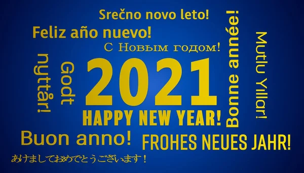 illustration of a word cloud with the message happy new year in gold over blue background and in different languages - represents the new year 2021