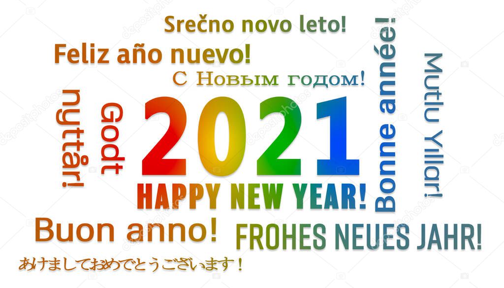 illustration of a word cloud with the message happy new year in colorful over white background and in different languages - represents the new year 2021