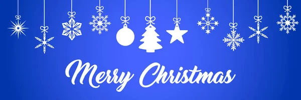 クリスマスの装飾と青の背景に白でメッセージメリークリスマスとクリスマスグリーティングカードのイラスト — ストック写真