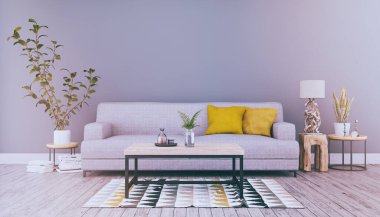 Kanepe, masa ve deniz dekorasyonlu İskandinav oturma odasının 3 boyutlu görüntüsü - retro görünümü