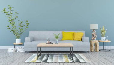 3 boyutlu İskandinav oturma odası, kanepe, masa ve deniz dekorasyonu.